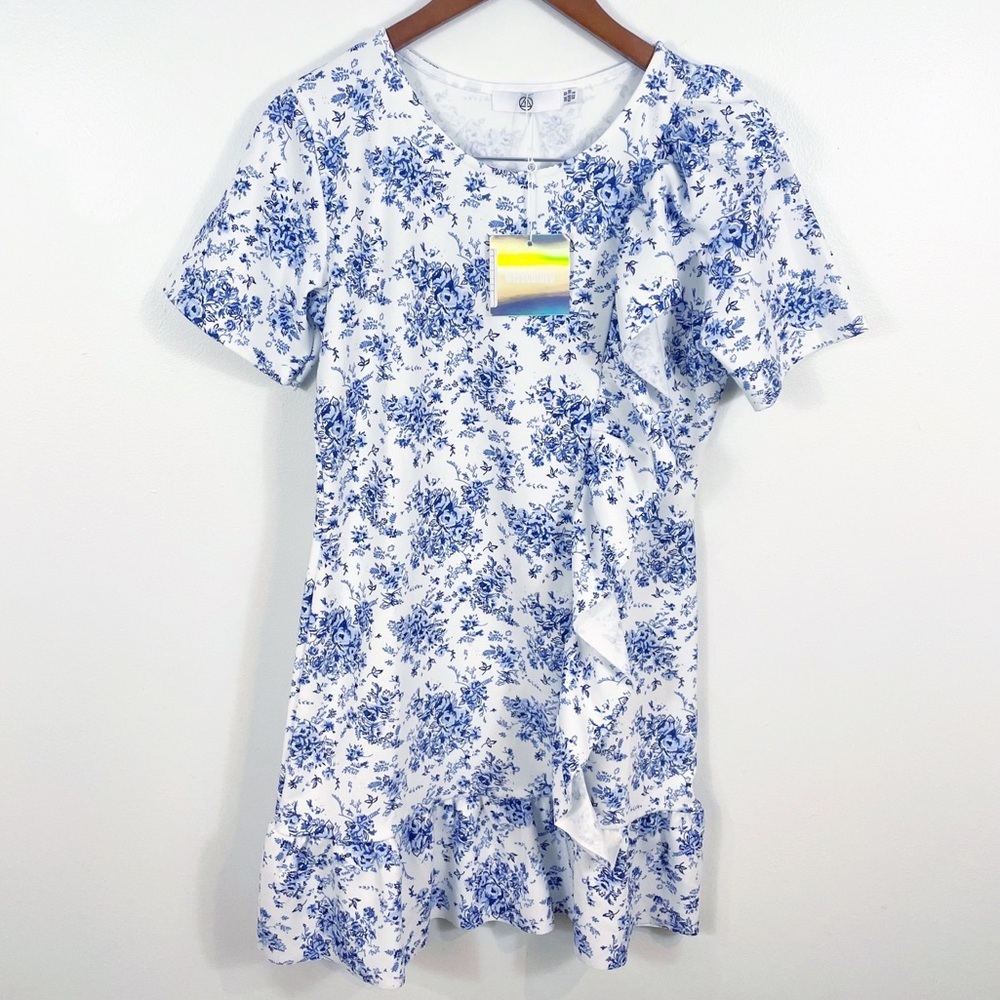 MISSGUIDED Frill Floral Ruffle Day Midi Dress Blue 6 - Picture 2 of 9
